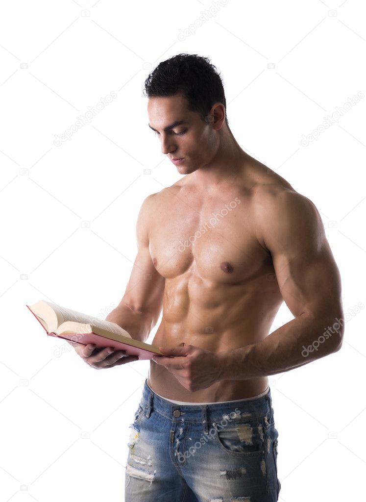 Muscular shirtless male bodybuilder reading book