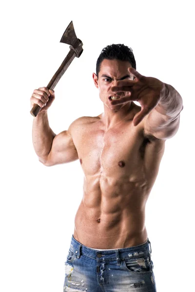 Aggressive, violent muscular young man with axe in his hand — Stock Photo, Image