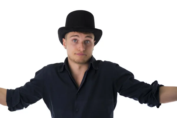 Handsome blue-eyed young man with black top-hat — Stock Photo, Image