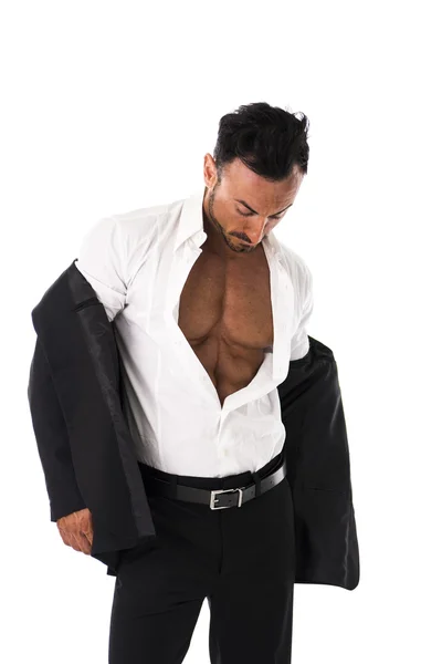 Businessman opening his shirt revealing muscular torso — Stock Photo, Image