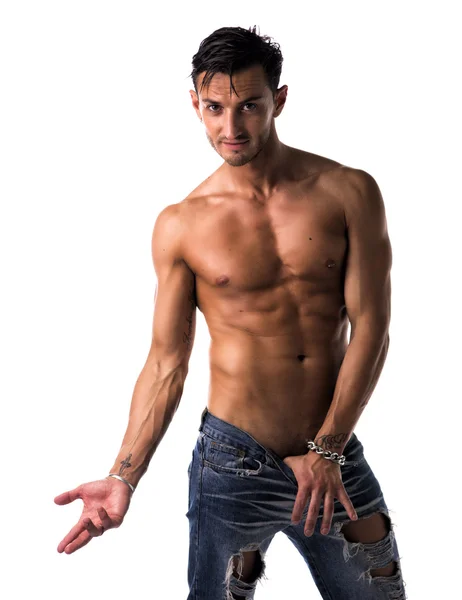 Schöne schlanke, Nackter Oberkörper Mann in jeans — Stockfoto