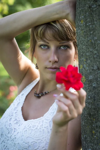 Attractive woman holding out a red rose — Stock Photo, Image