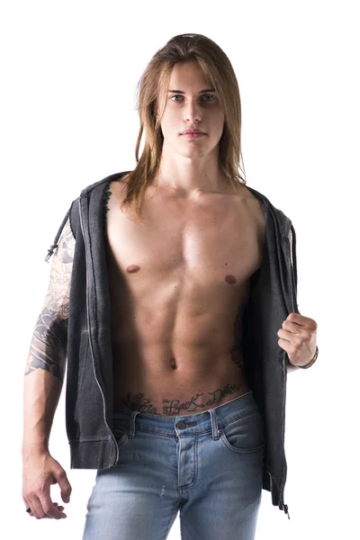 Sexy Long Hair Man Wearing Black Jacket — Stock Photo, Image