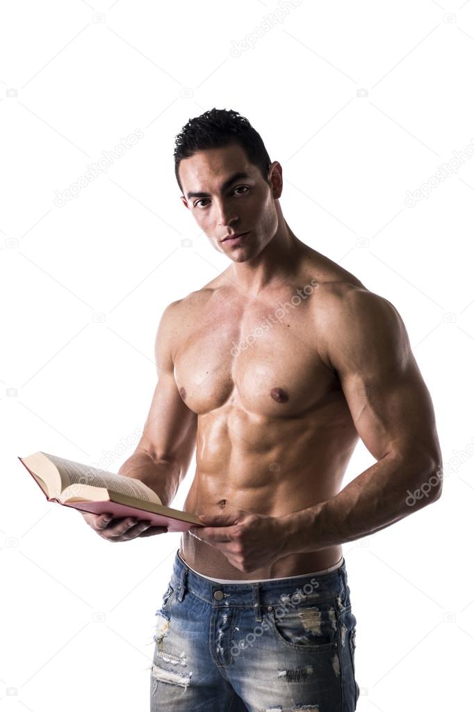 Shirtless Muscular Sexy Man Reading Big Book