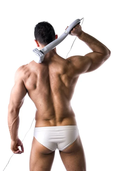 Sexy Man in White Brief Holding Massage Device — Stock Photo, Image