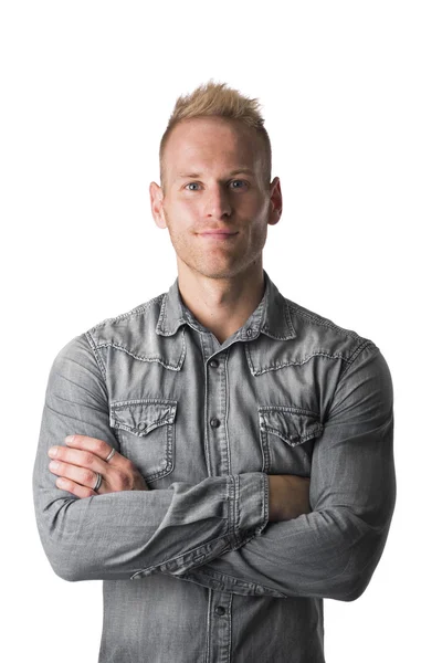 Blond young man in denim shirt — Stock Photo, Image