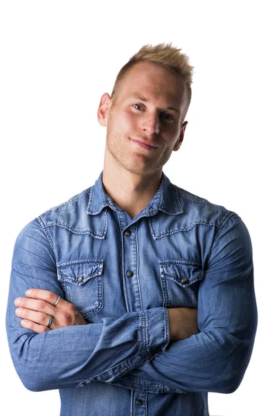 Blond young man in denim shirt — Stock Photo, Image