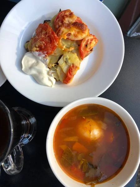 Sopa Legumes Com Creme Leite Salada Para Almoço — Fotografia de Stock