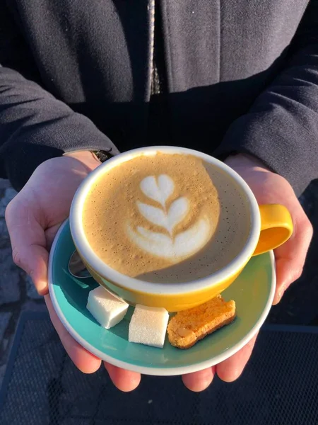 Delicioso Café Cappuccino Nas Mãos — Fotografia de Stock