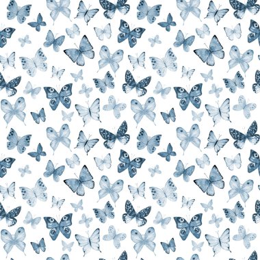 Beyaz arka planda çivit mavisi kelebekleri olan kusursuz suluboya botanik yaz deseni. Suluboya el kelebek deseni çizmiş. Kumaş tasarımı, duvar kağıdı, ambalaj kağıdı için yazdır