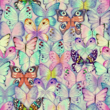 Renkli kelebek arkaplanlı kusursuz suluboya botanik yaz deseni. Suluboya el botanik kelebeği çizdi. Sonsuz retro doku. Kumaş tasarımı, duvar kağıdı, ambalaj kağıdı için yazdır.