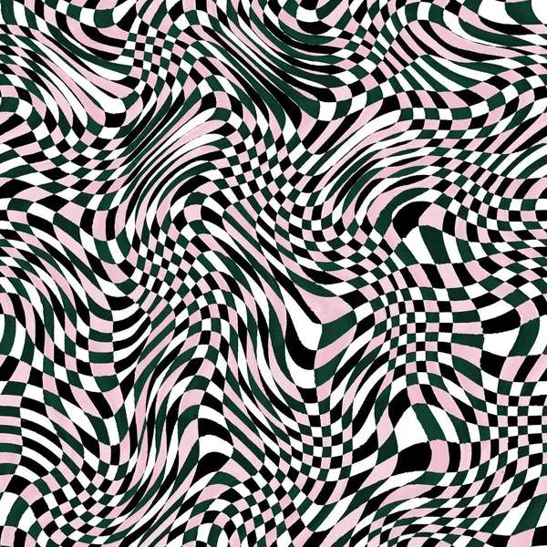 要旨流行の波状ジンガムが背景を演じた 手描きの緑 ピンク 白と黒の縞のシームレスなパターン 波のファッションテクスチャ テキスタイル ファブリック 包装紙のための印刷 — ストック写真