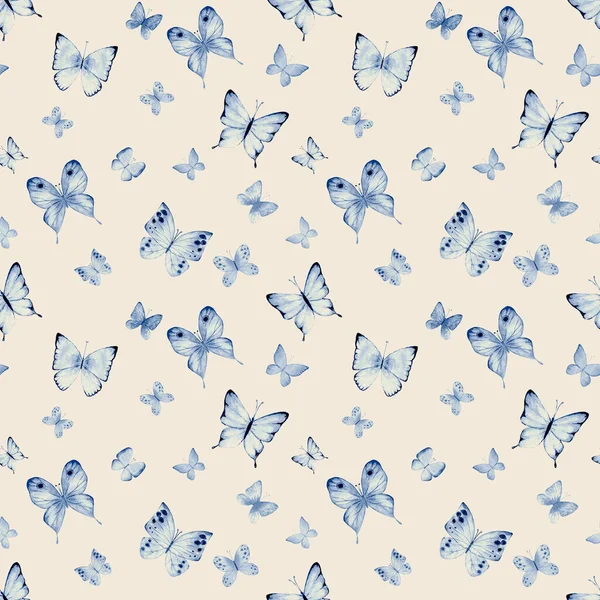 无缝隙水色植物夏季模式与深蓝色海军蝴蝶米色背景 水彩画手绘蝴蝶无尽的质感 织物设计印刷 包装纸 — 图库照片