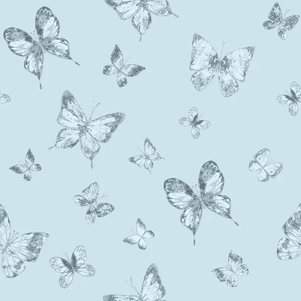 蝶のパステルブルー輝く豪華なシームレスなパターンの背景 手描き蝶の輝き輝く無限の質感 生地デザイン 包装紙のための印刷 — ストック写真
