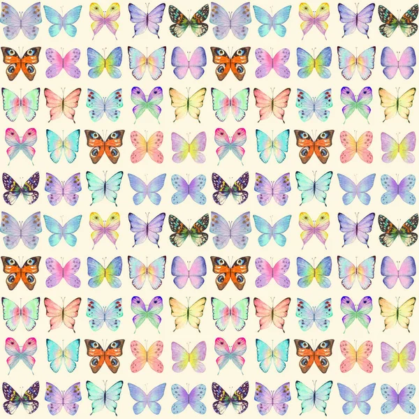 ベージュ地に多色蝶とシームレス水彩植物夏パターン 水彩手描き蝶無限の質感 生地デザイン 包装紙のための印刷 — ストック写真