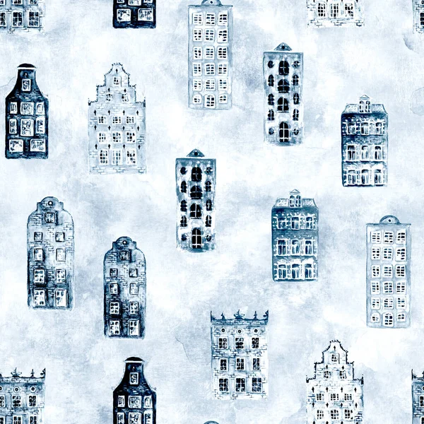 Merry christmas and New Year concept background with snowy winter city. Watercolor old europe houses. Watercolour blue navy color seamless pattern of european amsterdam style buildings.
