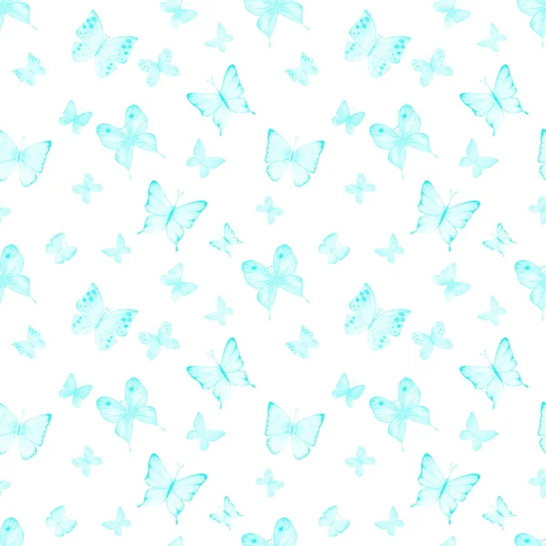 Seamless Watercolor Botanical Summer Pattern Teal Blue Butterflies White Background — Stock Photo, Image