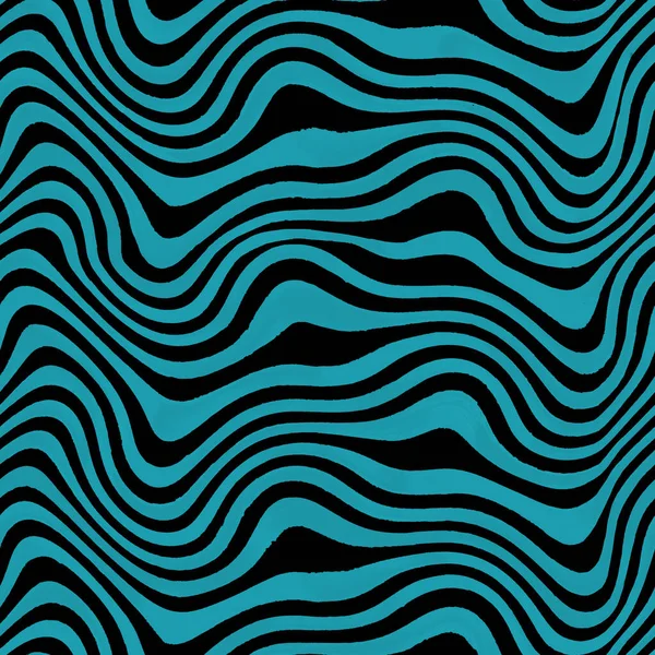 Soyut moda dalgalı çizgili arka plan. Elle çizilmiş turkuaz mavi ve siyah çizgili, dikişsiz desen. Moda dokusu dalgaları. Tekstil, kumaş, duvar kağıdı, ambalaj kağıdı baskısı.
