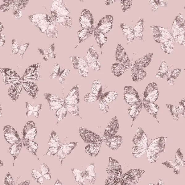 蝴蝶贴上粉色闪光的豪华无缝图案背景 手绘蝴蝶闪烁着无尽的光芒 织物设计印刷 包装纸 — 图库照片