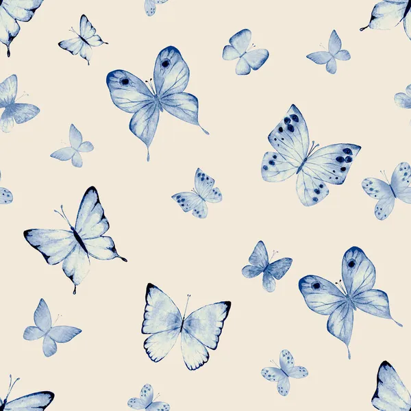 ベージュ地に藍青海軍蝶とシームレス水彩植物夏パターン 水彩手描き蝶無限の質感 生地デザイン 包装紙のための印刷 — ストック写真