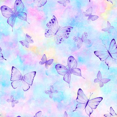 Renkli kelebek arkaplanlı kusursuz suluboya botanik yaz deseni. Suluboya el bitkisel kelebek dokusu çizdi. Kumaş tasarımı, duvar kağıdı, ambalaj kağıdı için yazdır.