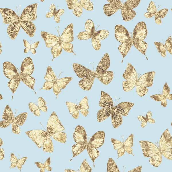 Schmetterlinge Pastellblau Glitzernden Luxus Nahtlosen Muster Hintergrund Handgezeichnete Schmetterling Golden — Stockfoto
