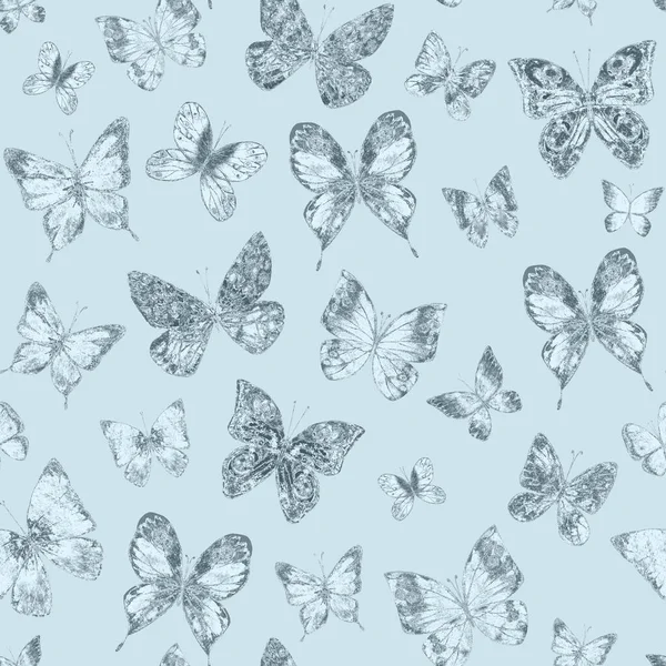 蝶のパステルブルー輝く豪華なシームレスなパターンの背景 手描き蝶の輝き輝く無限の質感 生地デザイン 包装紙のための印刷 — ストック写真