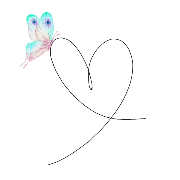 Corazón Dibujado Mano Con Contorno Negro Mariposa Acuarela Aislada Sobre —  Fotos de Stock