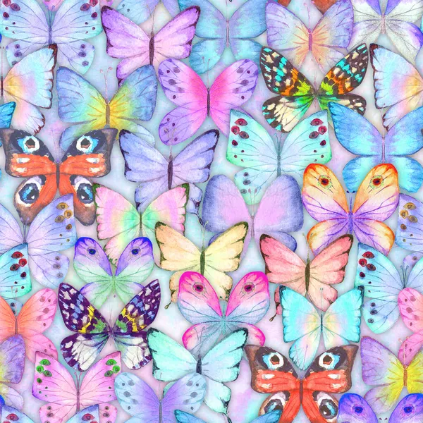 Renkli kelebek arkaplanlı kusursuz suluboya botanik yaz deseni. Suluboya el bitkisel kelebek dokusu çizdi. Kumaş tasarımı, duvar kağıdı, ambalaj kağıdı için yazdır.