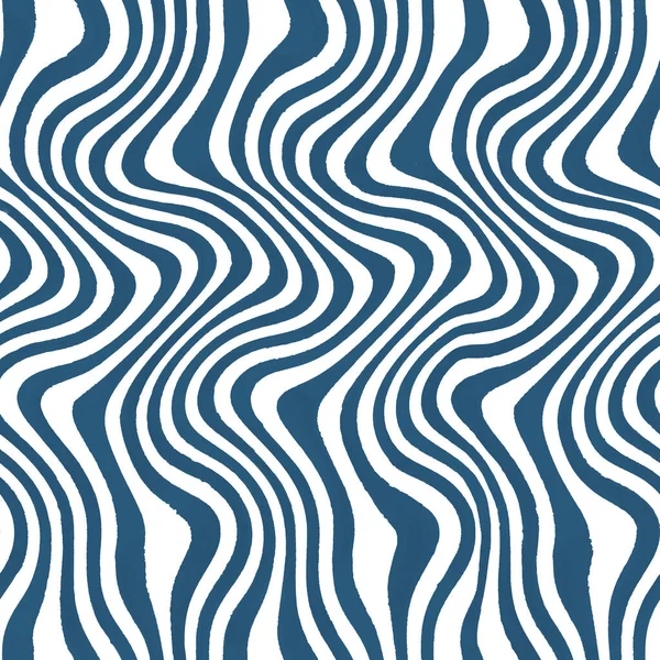 Abstracte Trendy Golvende Gestreepte Achtergrond Handgetekende Indigo Blauwe Witte Strepen — Stockfoto