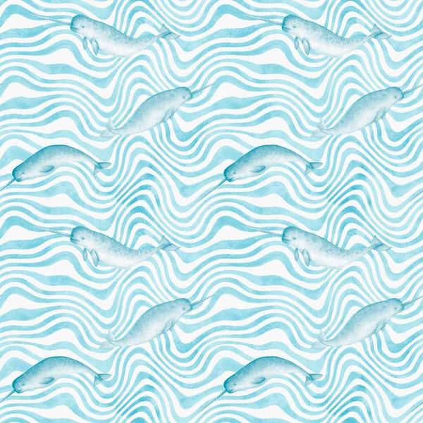 Watercolor Blue Teal Narwhals Wavy Stripes Seamless Pattern White Background — Stock Photo, Image