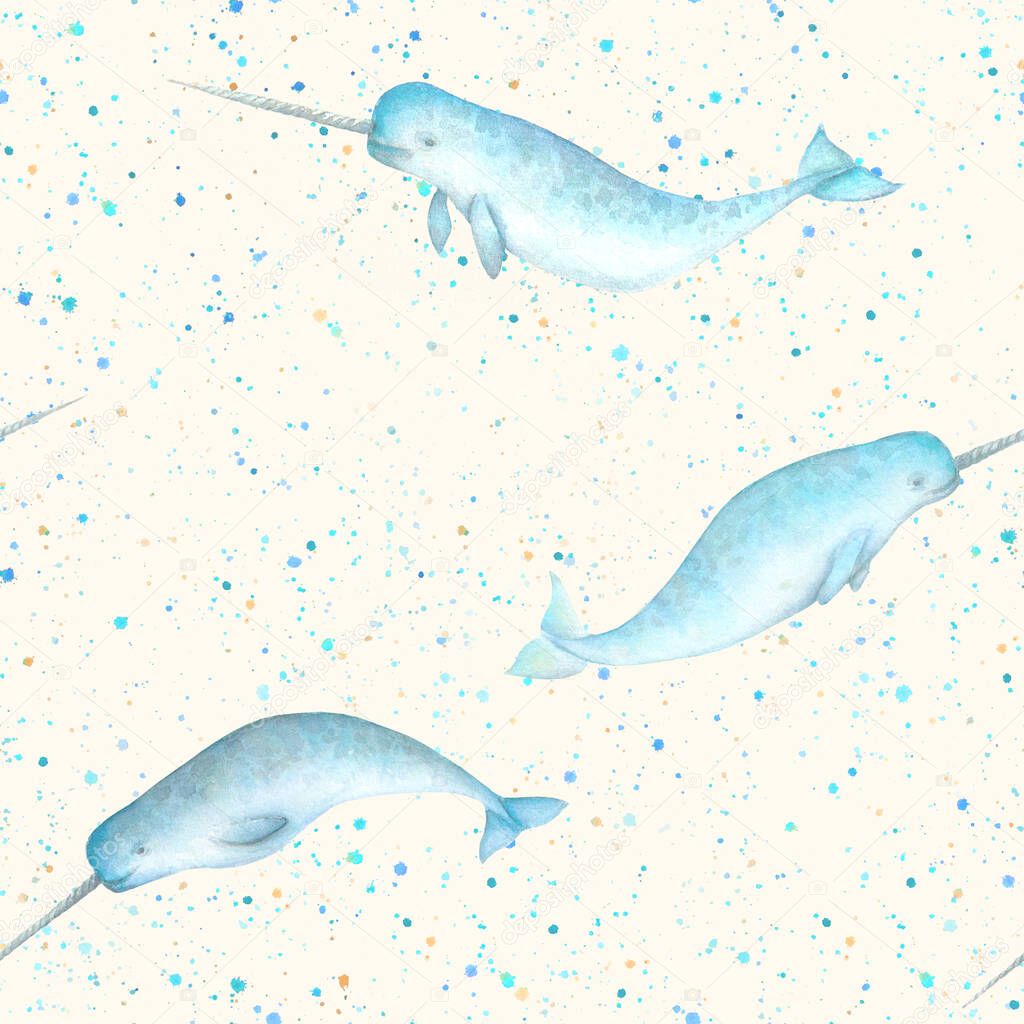 Watercolor blue teal narwhals, paint splashes seamless pattern on milky white background. Watercolour hand drawn sea ocean unicorn whale illustration. Print or textile, fabric, wallpaper, wrapping.