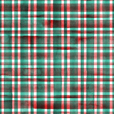 Suluboya çizgili ekoseli desen. Beyaz arka planda kırmızı ve yeşil çizgiler. Suluboya el çizgili doku. Kumaş tasarımı, tekstil, kumaş, duvar kağıdı, ambalaj, fayans baskısı.
