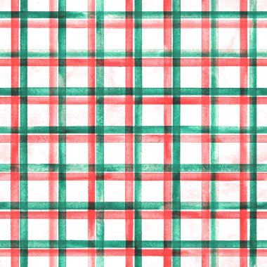 Suluboya çizgili ekoseli desen. Beyaz arka planda kırmızı ve yeşil çizgiler. Suluboya el çizgili doku. Kumaş tasarımı, tekstil, kumaş, duvar kağıdı, ambalaj, fayans baskısı.