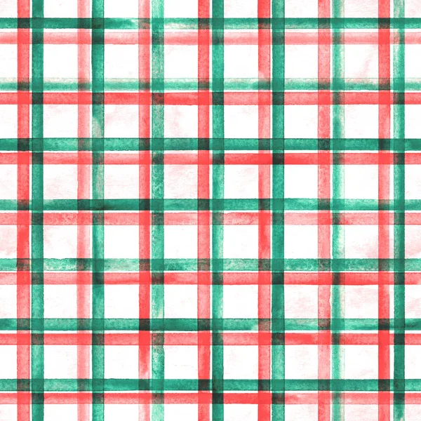 Suluboya çizgili ekoseli desen. Beyaz arka planda kırmızı ve yeşil çizgiler. Suluboya el çizgili doku. Kumaş tasarımı, tekstil, kumaş, duvar kağıdı, ambalaj, fayans baskısı.