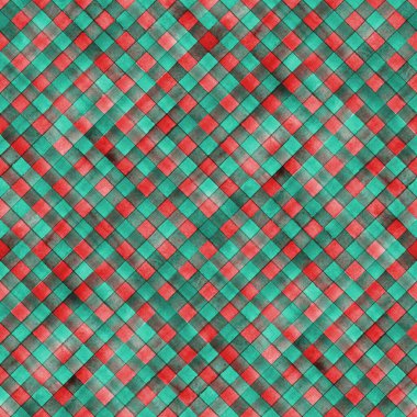 Suluboya şeritli çapraz ekoseli desen. Renkli kırmızı ve yeşil çizgili arka plan. Suluboya el çizgili doku. Kumaş tasarımı, tekstil, kumaş, duvar kağıdı, ambalaj, fayans baskısı