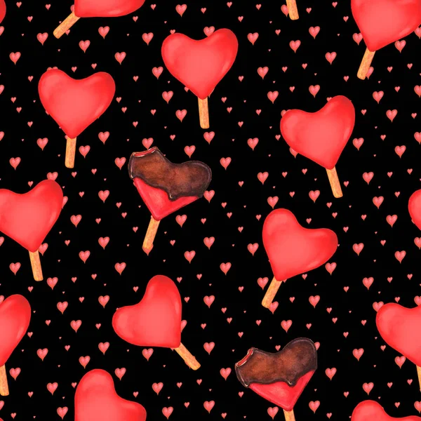Seamless Pattern Watercolor Red Hearts Ice Creams Black Background Watercolour — Stockfoto