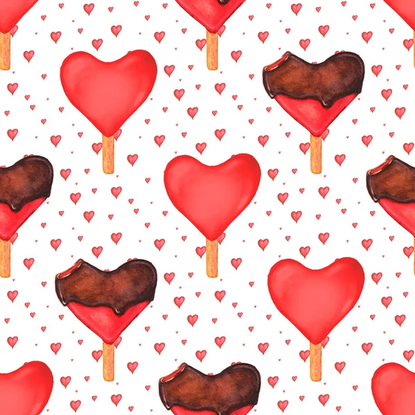 Seamless Pattern Watercolor Red Hearts Ice Creams White Background Watercolour — стоковое фото