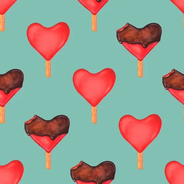 Seamless Pattern Watercolor Red Hearts Ice Creams Green Background Watercolour — стоковое фото