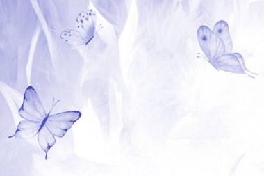 Abstract Very Peri color wedding horizontal butterfly background. Pastel light purple backdrop with butterflies. Watercolor hand drawn illustration. Mixed media art collage. Space for text.