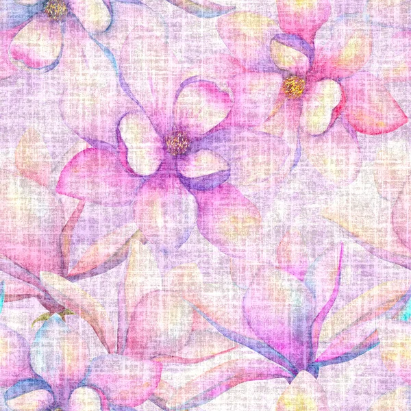 水彩艳丽的木兰花在亚麻布背景上无缝花纹 水彩画手绘春植物图解 纺织品 包装纸设计印刷 — 图库照片
