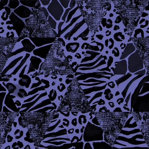 Trendy imitation sewn pieces of Very Peri purple fabric in patchwork style. Watercolour hand drawn modern collage seamless pattern. Safary texture with animals print of giraffe, leopard, zebra, snake.