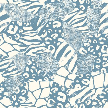 Moda taklidi kumaş parçaları yamalı olarak dikildi. El yapımı modern kolaj çivit mavisi, lacivert ve beyaz pürüzsüz desen. Zürafa, leopar, zebra, yılan desenli safari deseni..