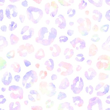 Leopar renkli pastel renkler suluboya pürüzsüz arkaplan. Suluboya el, beyaza hayvan derisi izi çizmiş. Soyut doku. Tekstil, duvar kağıdı, ambalaj kağıdı için yazdır.