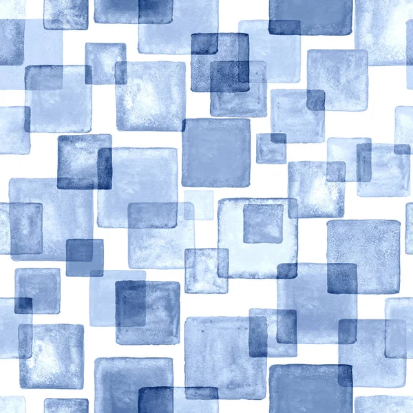 现代艺术无缝图案背景 抽象的磨擦正方形几何形状 水彩画手绘蓝色矩形 正方形纹理 纺织品 包装纸用水彩印 — 图库照片