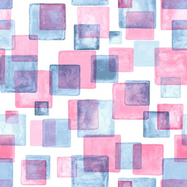 Çağdaş sanatın kusursuz bir geçmişi var. Soyut grunge kare geometrik şekiller. Suluboya el mavi ve pembe karelerin dokusunu çizdi. Tekstil, duvar kağıdı ve ambalaj kağıdı için suluboya baskı.