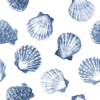 Suluboya deniz kabuğu pürüzsüz desen. El yapımı deniz kabukları lacivert monokrom deseni klasik okyanus arkaplanı. Suluboya deniz çizimi. Duvar kağıdı, kumaş, tekstil, ambalaj kağıdı için yazdır