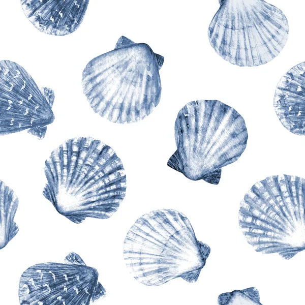 Bezešvý Vzor Akvarelové Mušle Ručně Kreslené Mořské Mušle Námořně Modré — Stock fotografie