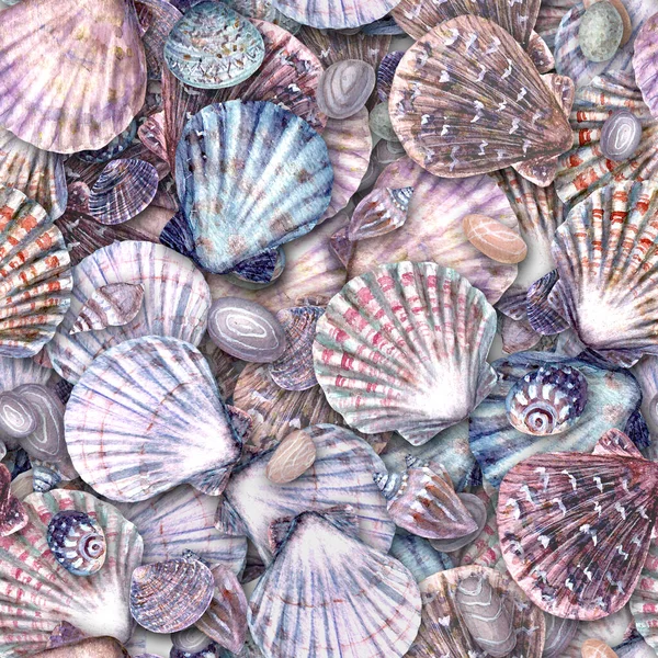 Watercolor Seashell Stone Seamless Pattern Hand Drawn Sea Shells Pebbles — Stockfoto