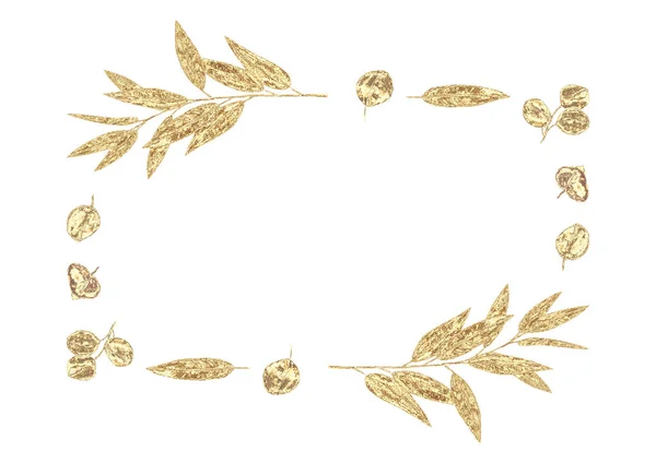 Φύλλα Ευκαλύπτου Και Κλαδιά Χρυσό Πλαίσιο Απομονώνονται Λευκό Φόντο Ζωγραφισμένο — Φωτογραφία Αρχείου